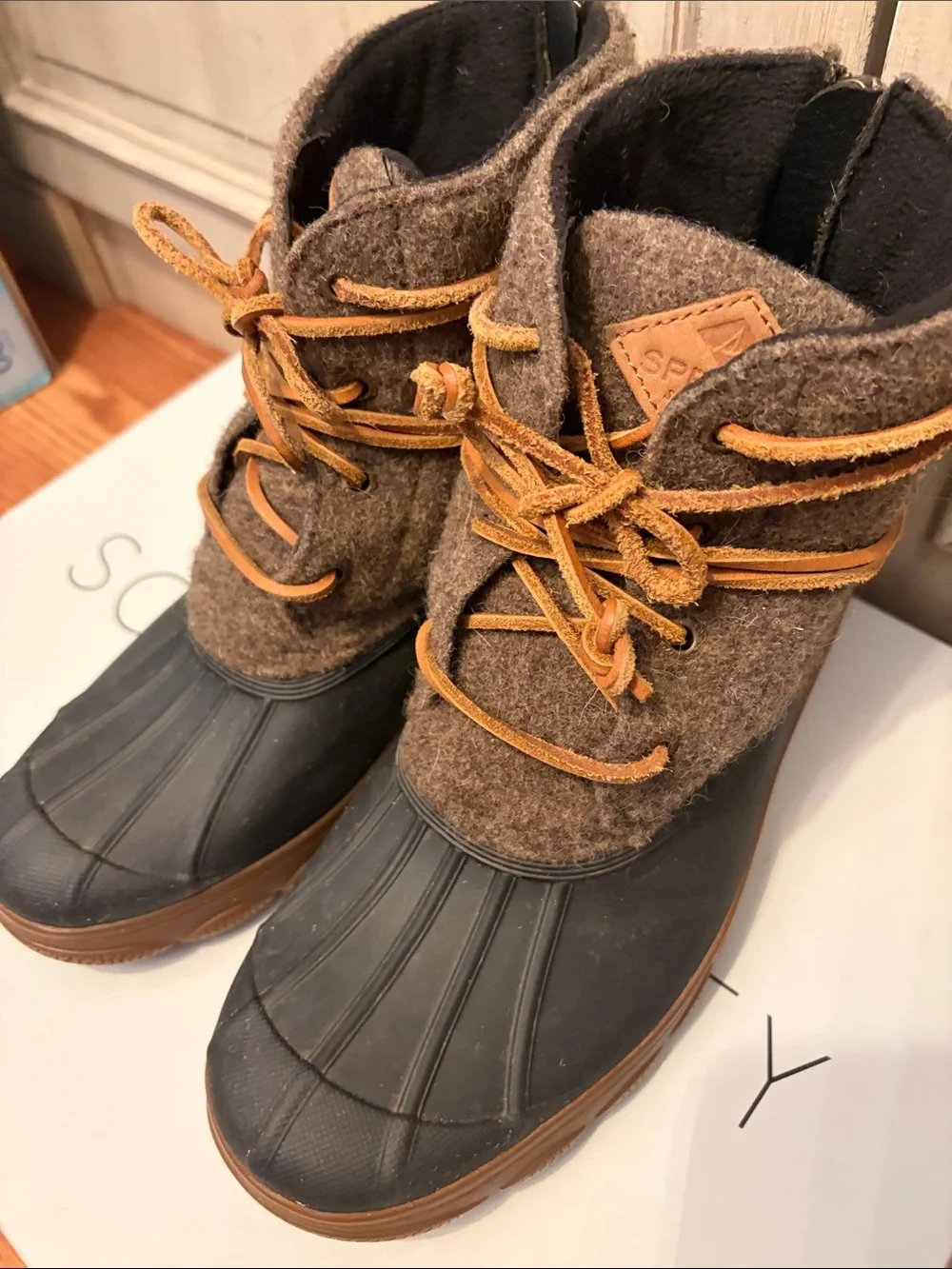 Sperry Brown Wool Upper Black Rubber Duck Boots with Tan Laces